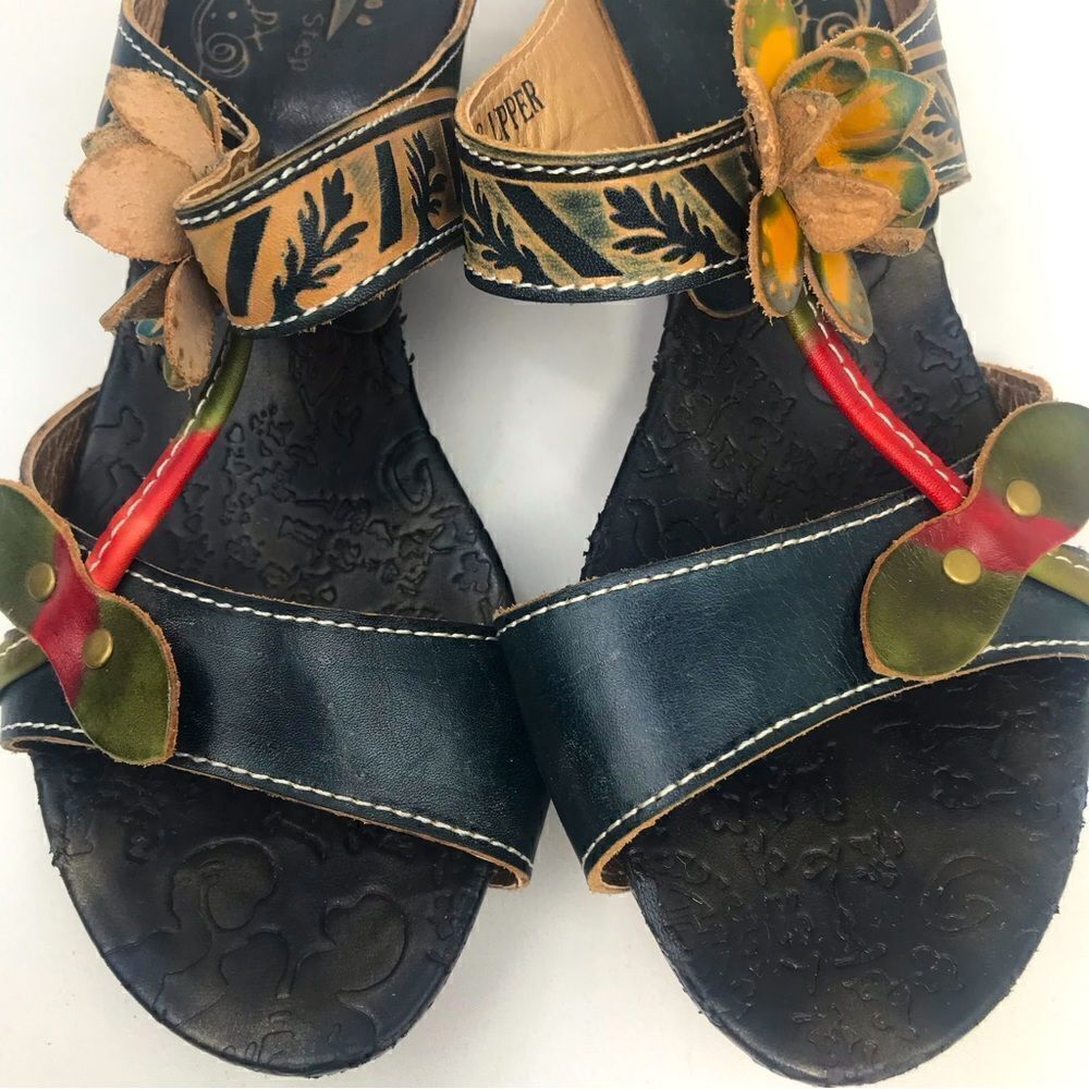 Spring Step Tooled Leather Colorful Flower Slip On Wedge Sandals - Picture 3 of 13